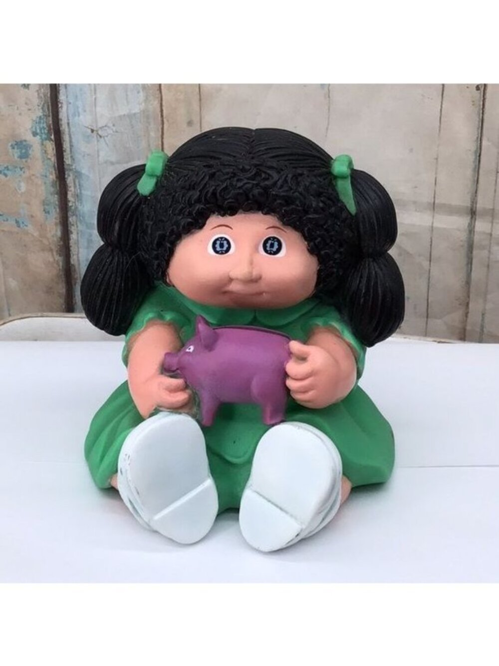 Cabbage Patch Kids Girl Holding Piggy Bank Figurine - Vintage Green Dress & Bow